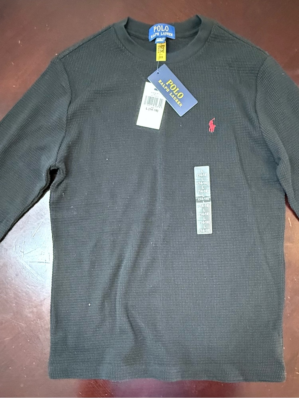 Polo Ralph Lauren Black Waffle-Knit Long Sleeve Shirt with Red Pony / 14-16(L)